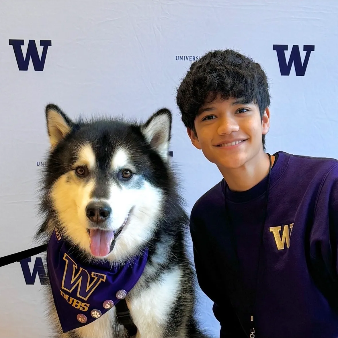 Jace with Dubs, the University of Washington husky mascot